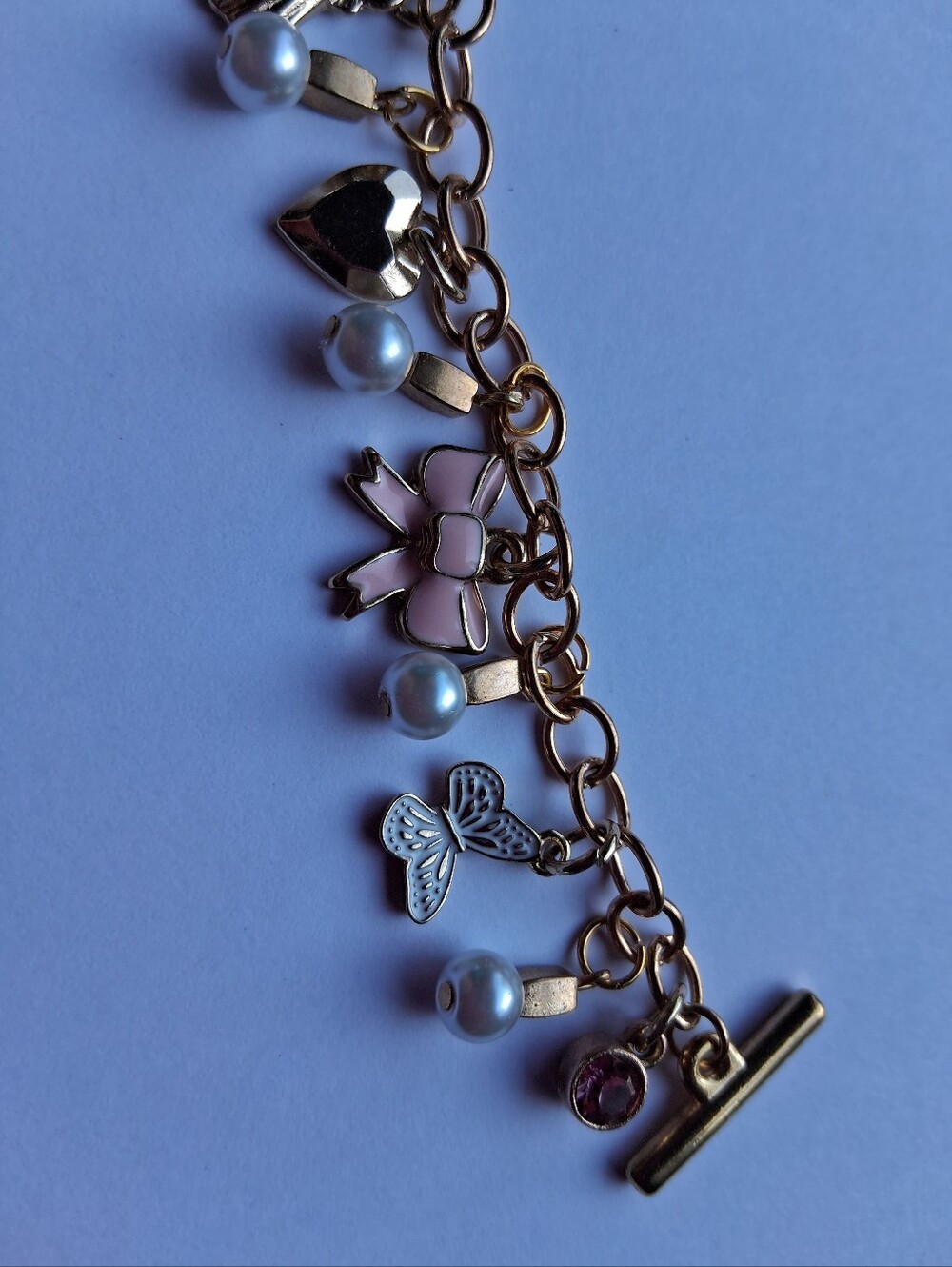 Hand Crafted Gold-Tone Charm Bracelet with Pink Accents and Pearls - Picture 3 of 6